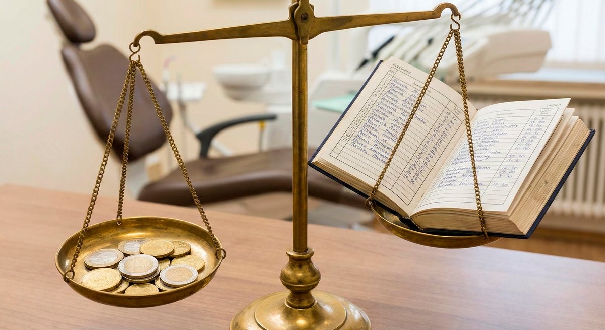 Balança de equilíbrio em consultório odontológico mostrando moedas de investimento de um lado e uma agenda de papel lotada do outro lado, pesando mais.