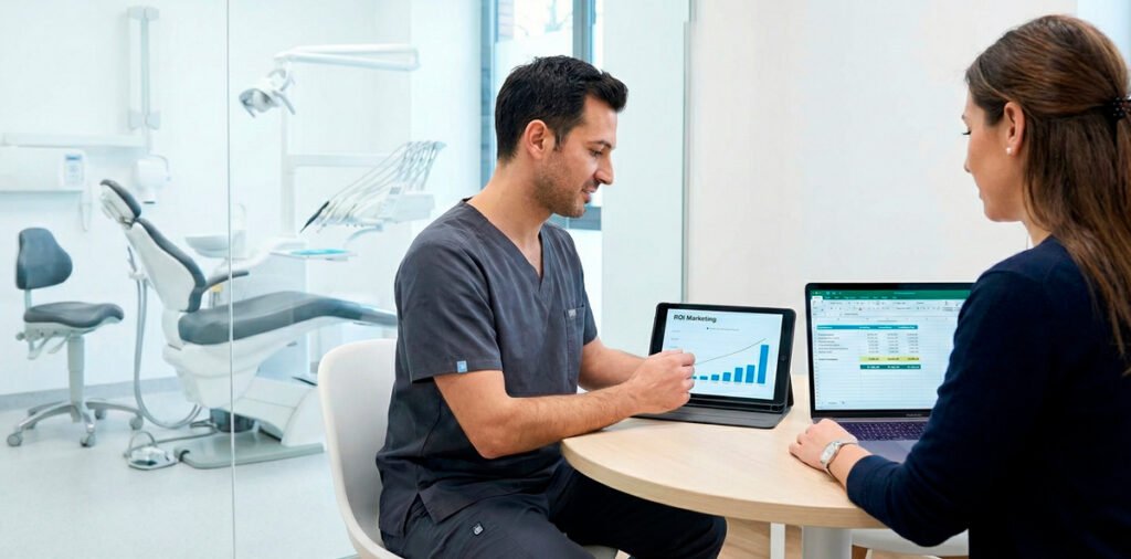 Dentista e gestora de marketing discutindo estratégia e ROI em tablet e laptop dentro de clínica odontológica.