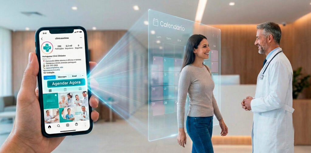 Banner conceitual mostrando a jornada do paciente 4.0, com uma projeção holográfica de um calendário de agendamento saindo de um smartphone em direção a um médico em uma clínica.