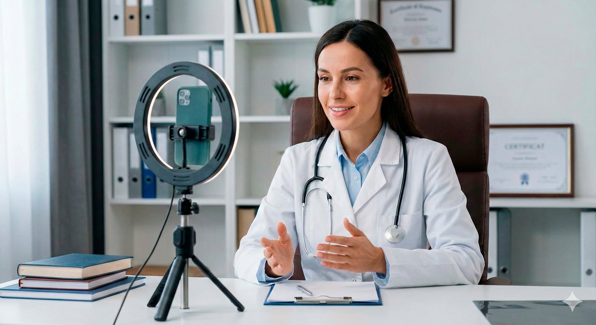 Médica gravando vídeo educativo para redes sociais em seu consultório