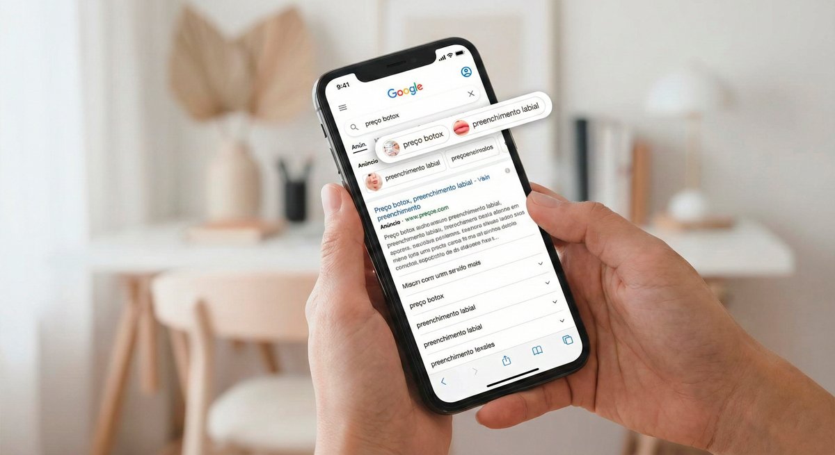 Esta imagem ilustra o conceito de "captura de intenção" do Google Ads. Ela mostra um usuário procurando ativamente por procedimentos estéticos ("preço botox") no celular, ideal para a seção do texto que explica como o Google funciona.