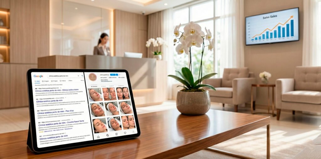 Uma composição profissional de uma clínica de estética moderna, com um tablet em primeiro plano mostrando um comparativo visual entre Google e Instagram, reforçando o tema do post.