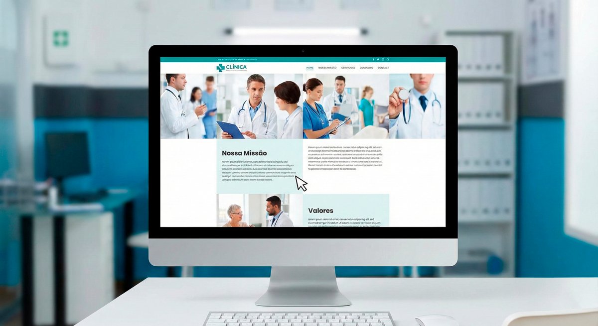 Cadê o Botão? Focada na falta de um Call to Action claro. Mostra um site desktop bonito, mas sem um caminho óbvio para o paciente agendar.