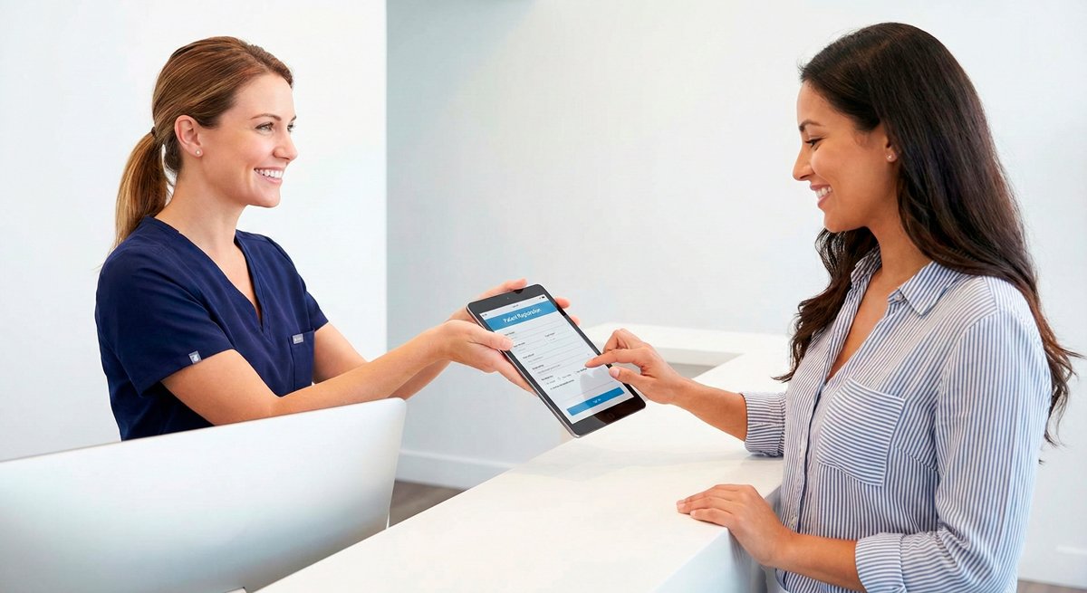 Recepcionista de clínica sorrindo enquanto entrega um tablet para uma paciente realizar o check-in digital, ilustrando um atendimento ágil e moderno.