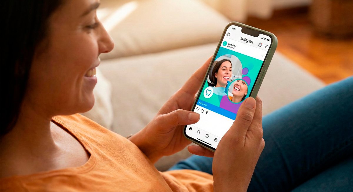 Esta terceira imagem é perfeita para a seção sobre Meta Ads e "Instagram Ads para Dentistas". Ela mostra uma pessoa relaxada sendo impactada por um anúncio visual e aspiracional de uma clínica, ilustrando a "geração de desejo".