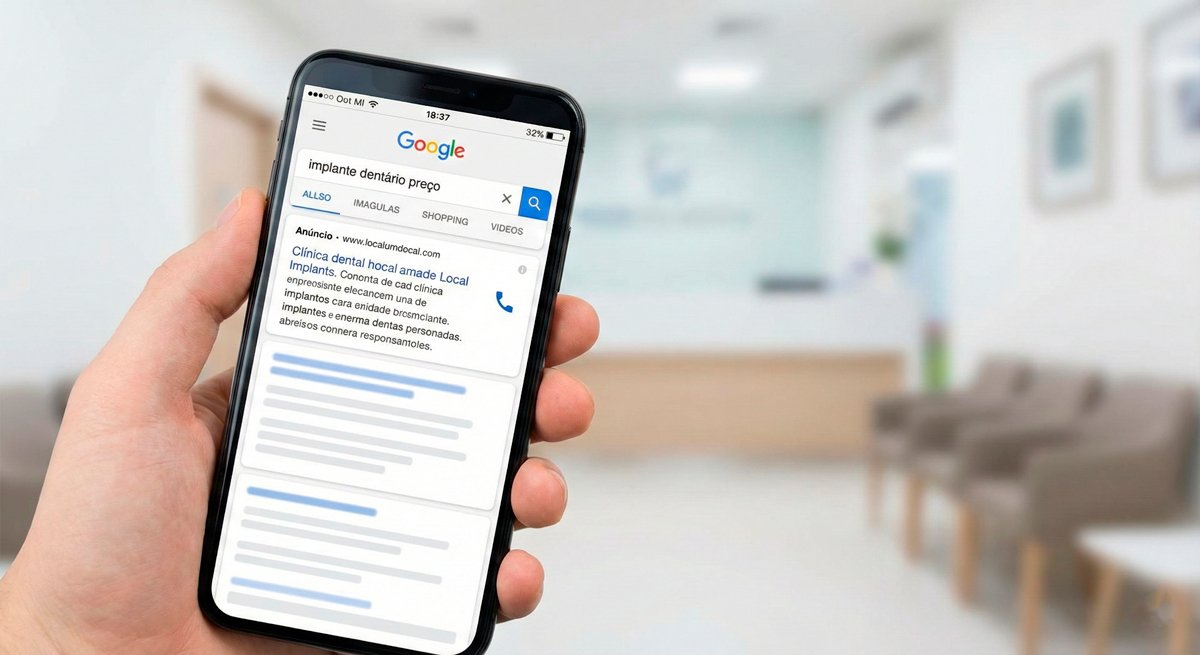 Mão segurando smartphone exibindo resultado de busca no Google para "Implante Dentário Preço" com anúncio pago em destaque.
