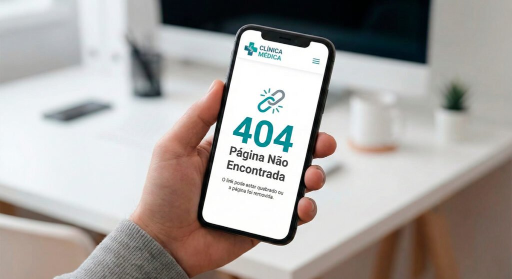Mão segurando smartphone exibindo uma tela de erro "404 Página Não Encontrada" no site mobile de uma clínica médica, ilustrando uma falha na jornada digital do paciente.
