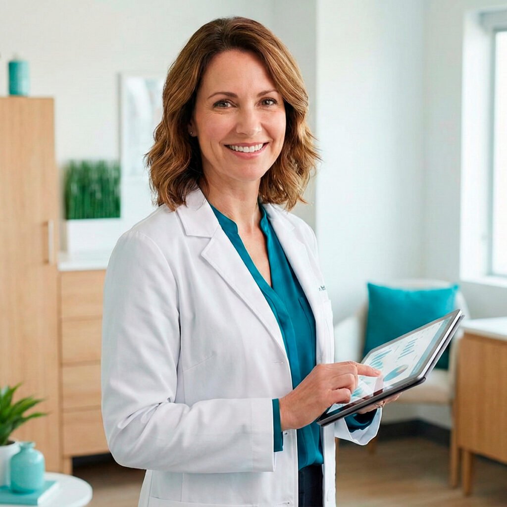 Médico analisando resultados de marketing digital